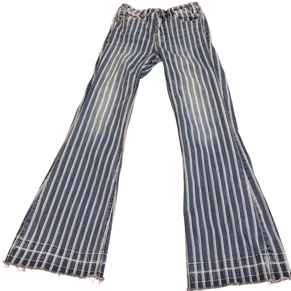 Denim - Rock & Roll Denim Pin Striped Flare Leg Raw Hem Denim Jeans 25x32 Western/Y2k